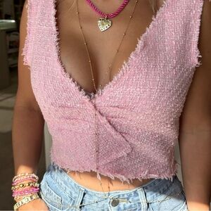 ZARA Pink Textured Tweed Frayed Crop Top - Size S